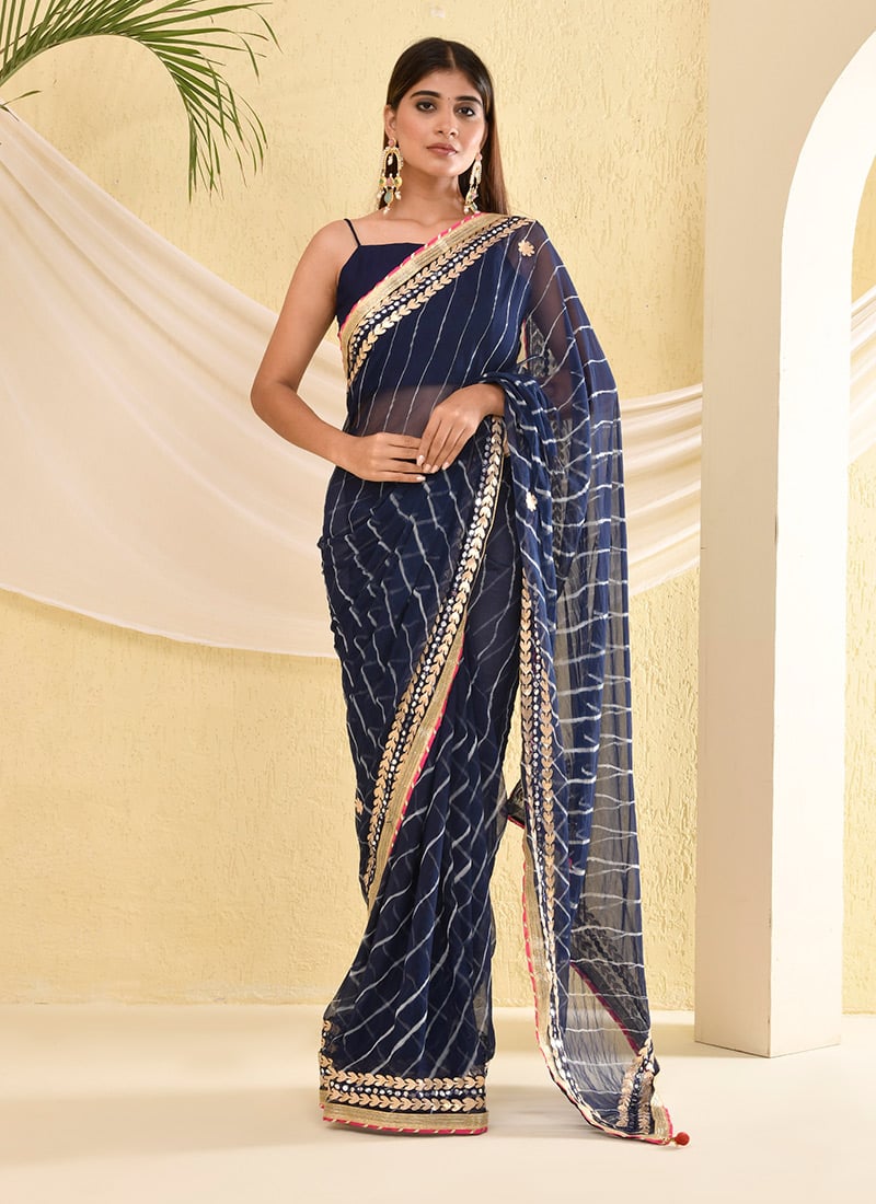 Navy Blue Faux Chiffon Leheriya Print Saree