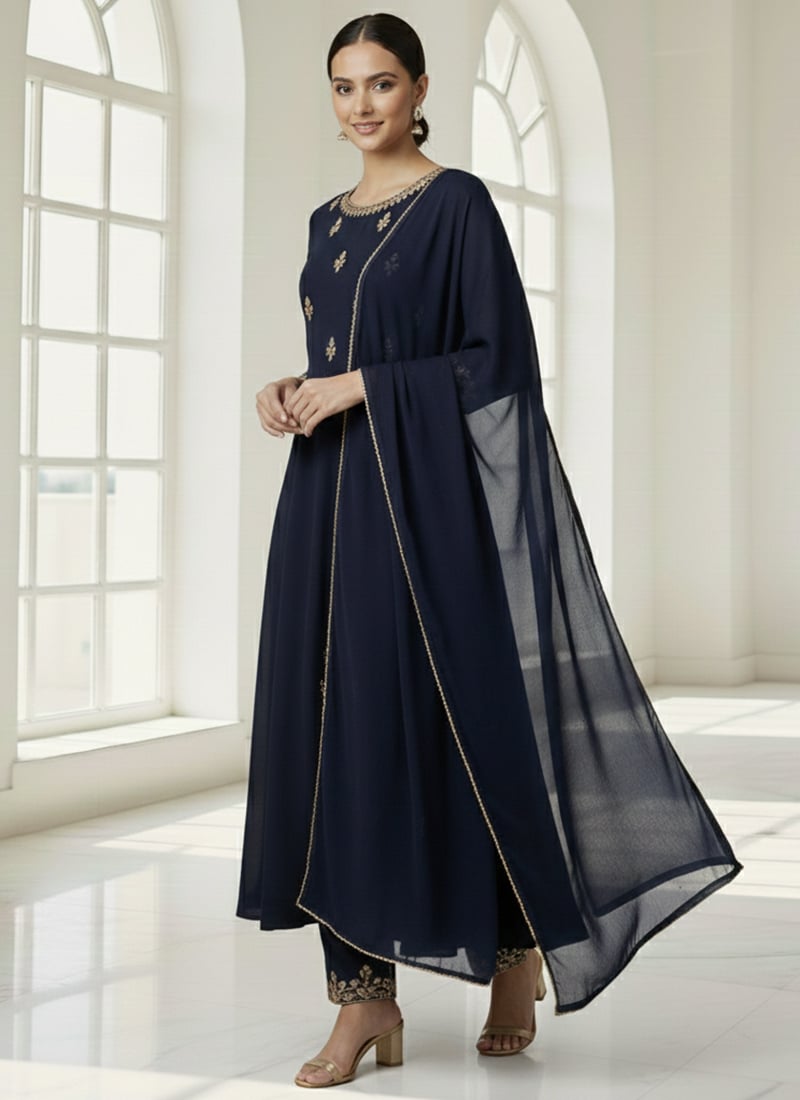 Navy Blue Faux Georgette Anarkali Suit With Zari Sequins Work Festive Wear