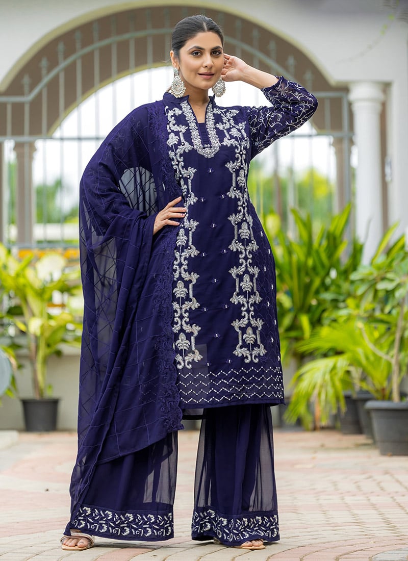 Navy Blue Faux Georgette Beads Sequins Hand Work Pakistani Sharara Suit Festive Wear-SLSAN1117BLU
