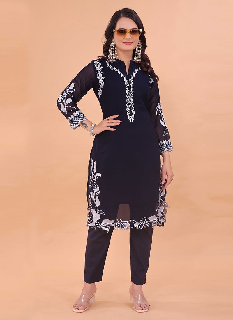 Navy Blue Faux Georgette Embroidered Kurta Straight Pant Set Festive Wear
