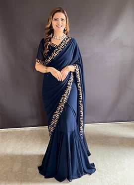Navy Blue Faux Georgette Embroidered Lehenga Saree
