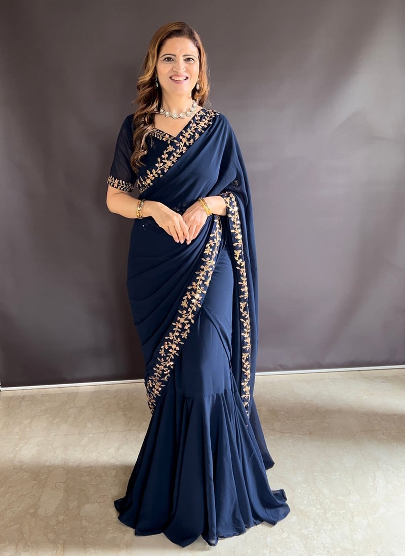 Navy Blue Faux Georgette Embroidered Lehenga Saree Festive Wear