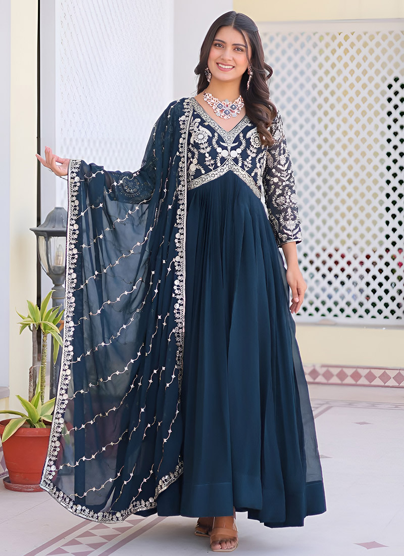 Navy Blue Faux Georgette Embroidered Sequins Anarkali Suit Festive Wear