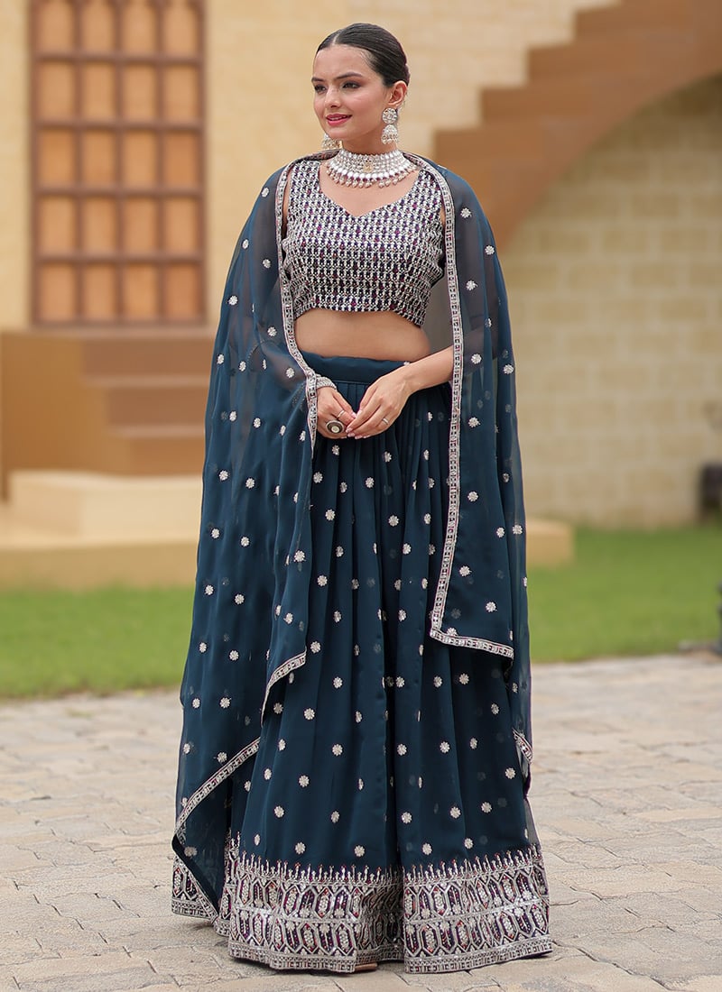 Navy Blue Faux Georgette Embroidered Sequins Elegant Lehenga
