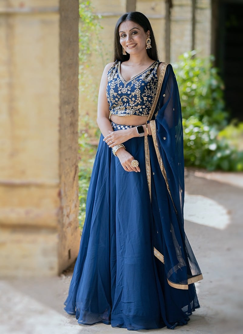 Navy Blue Faux Georgette Embroidered Sequins Lehenga Wedding Wear