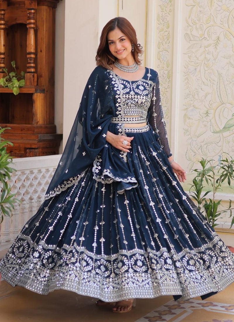 Navy Blue Faux Georgette Embroidered Sequins Regal Classy Lehenga
