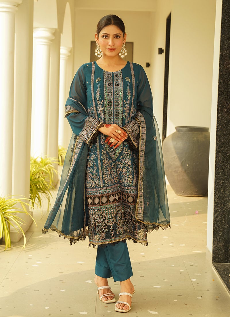 Navy Blue Faux Georgette Embroidered Sequins Straight Pant Suit Festive Wear