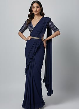 Navy Blue Faux Georgette Embroidered Sequins Thread Saree