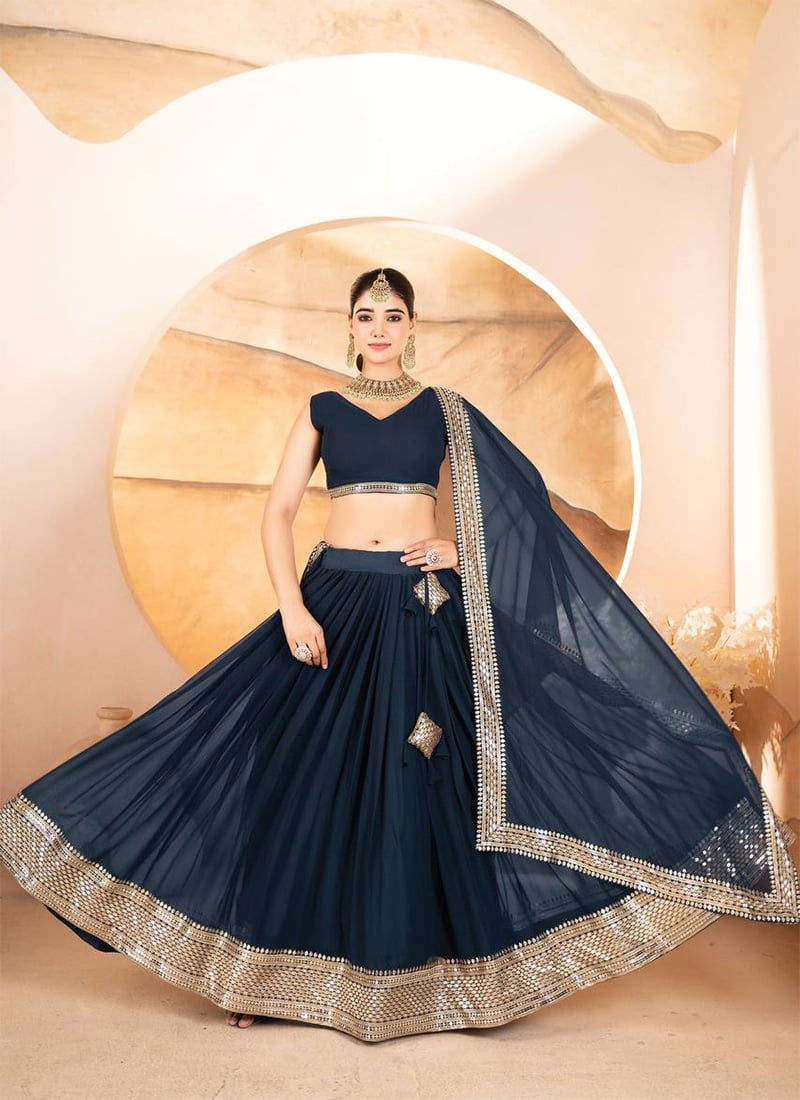 Navy Blue Faux Georgette Embroidered Sequins With Gota Work Lehenga