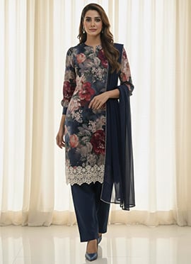 Navy Blue Faux Georgette Floral Digital Printed Straight Suit Set