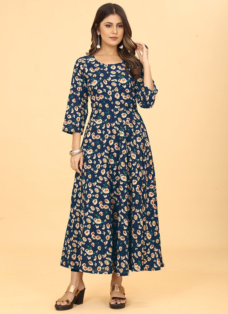Navy Blue Georgette Floral Print Dresses And Gown After Six Wear
