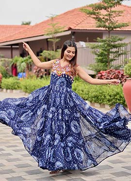 Navy Blue Faux Georgette Printed Kutch Work And Mirror Work Gown