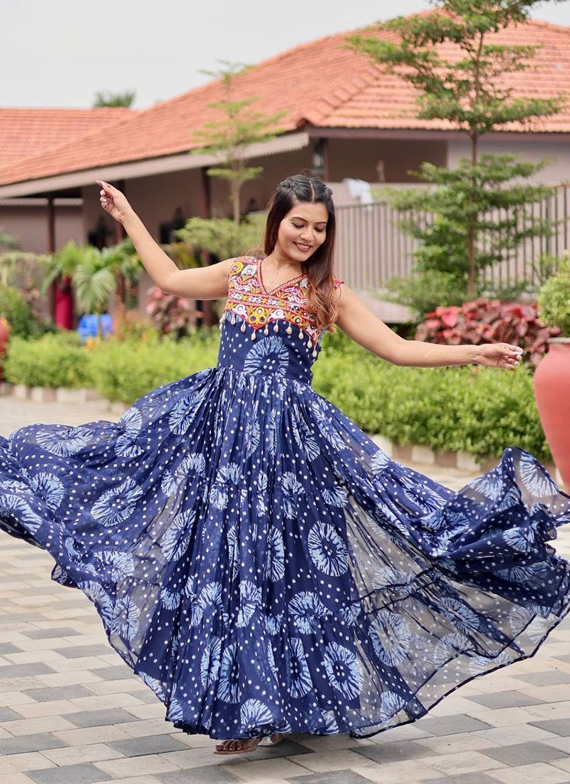 Navy Blue Faux Georgette Printed Kutch Work And Mirror Work Gown After Six Wear