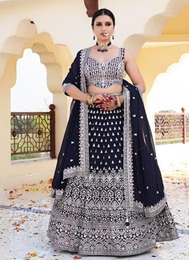 Navy Blue Faux Georgette Resham Embroidered Sequins Lehenga With Hand Work Choli Wedding Wear