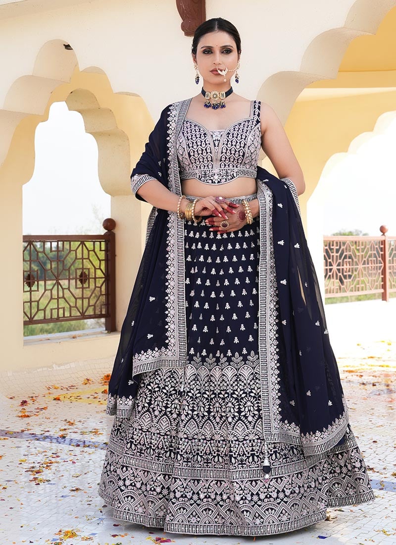 Navy Blue Faux Georgette Resham Embroidered Sequins Lehenga With Hand Work Choli Wedding Wear