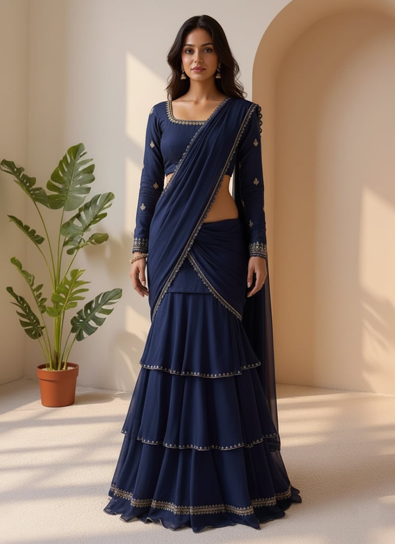 Navy Blue Faux Georgette Sequins Embroidered Lehenga Saree Festive Wear