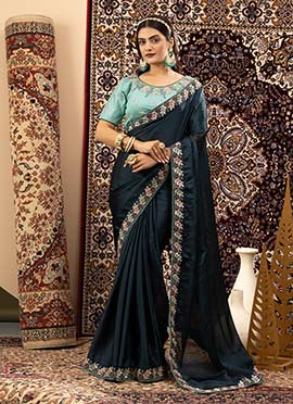 Navy Blue Faux Georgette Sequins Embroidered Saree
