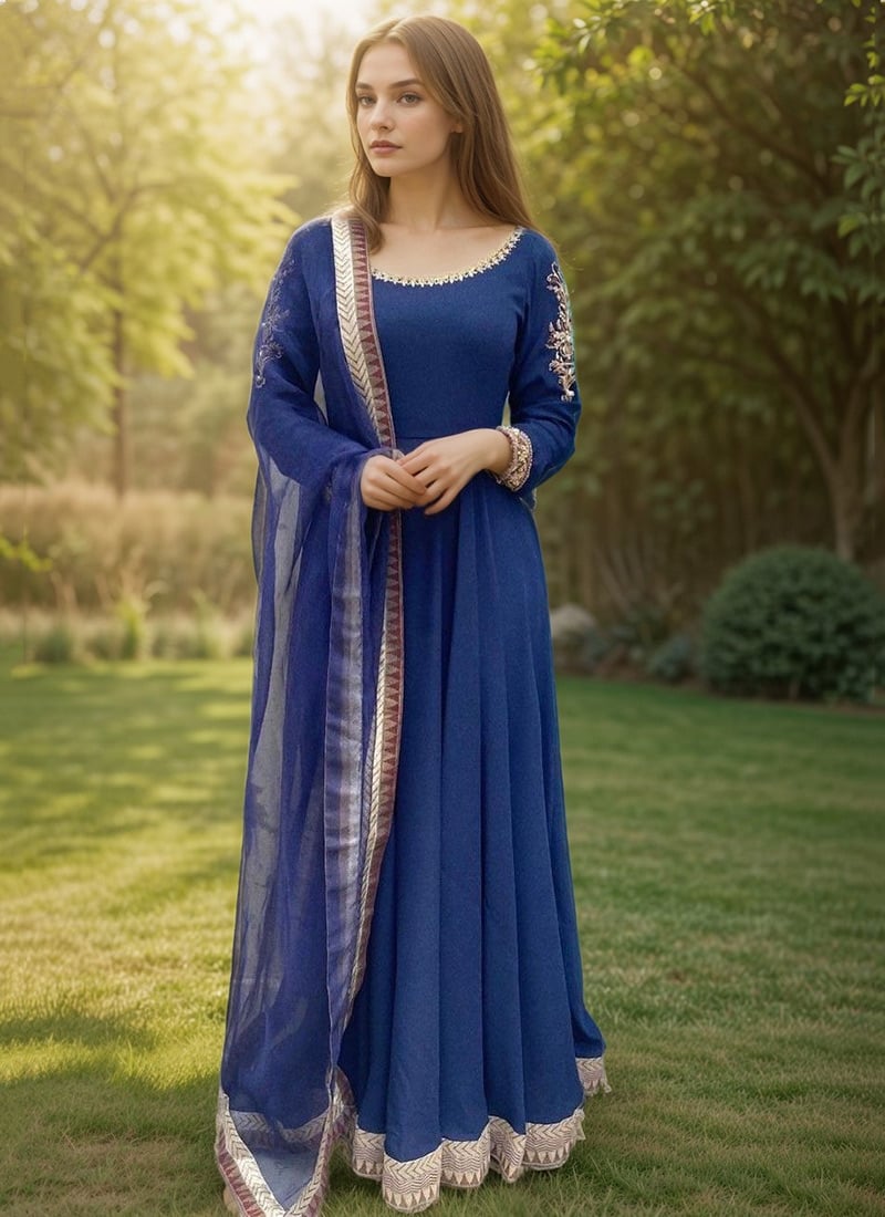 Navy Blue Faux Georgette Zardosi Hand Embroidered Anarkali Suit