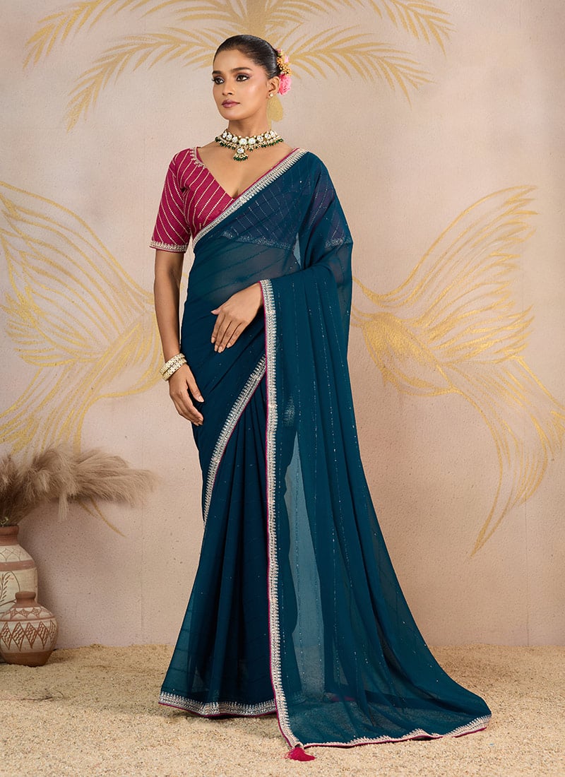 Navy Blue Faux Georgette Zari And Embroidered Sequins Saree Festive Wear