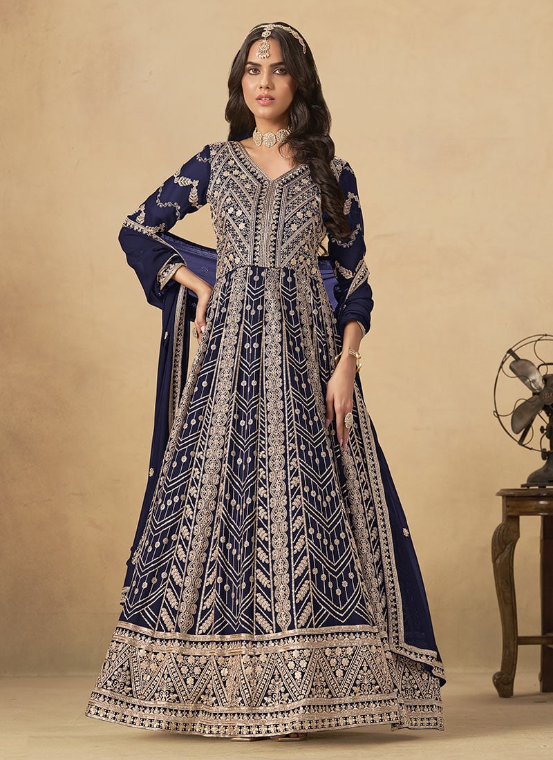 Navy Blue Faux Georgette Zari Embroidered Sequins A Line Anarkali Suit Festive Wear