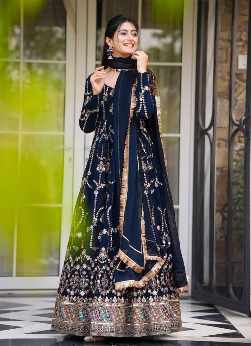 Navy Blue Faux Georgette Zari Embroidered Sequins Anarkali Suit  Festive Wear