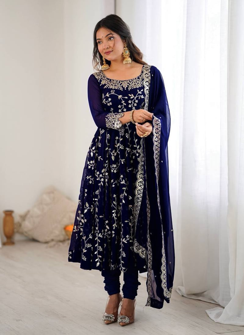 Navy Blue Faux Georgette Zari Embroidered Sequins Anarkali Suit Festive Wear