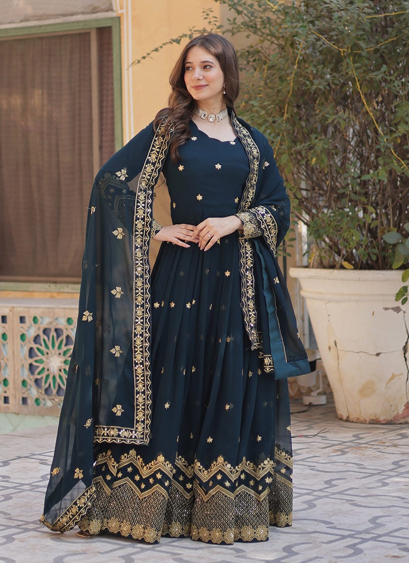 Teal Green Faux Georgette Zari Embroidered Sequins Gorgeous Anarkali Suit Festive Wear