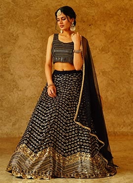 Navy Blue Faux Georgette Zari Embroidered Sequins Gorgeous Lehenga Wedding Wear