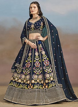 Navy Blue Faux Georgette Zari Embroidered Sequins Lehenga Wedding Wear