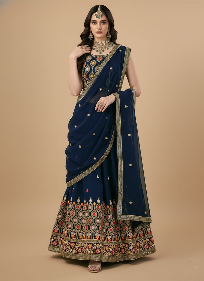 Navy Blue Faux Georgette Zari Embroidered Sequins Lehenga Festive Wear
