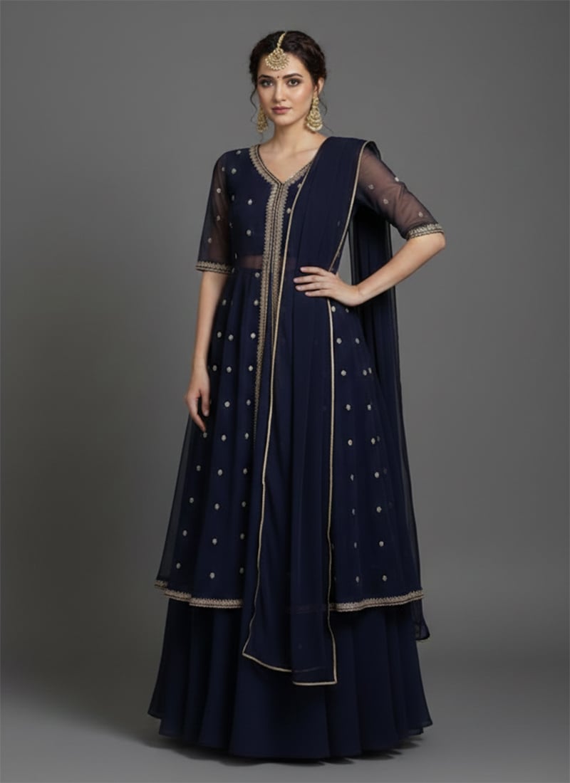 Navy Blue Faux Georgette Zari Sequins Anarkali Lehenga Wedding Wear