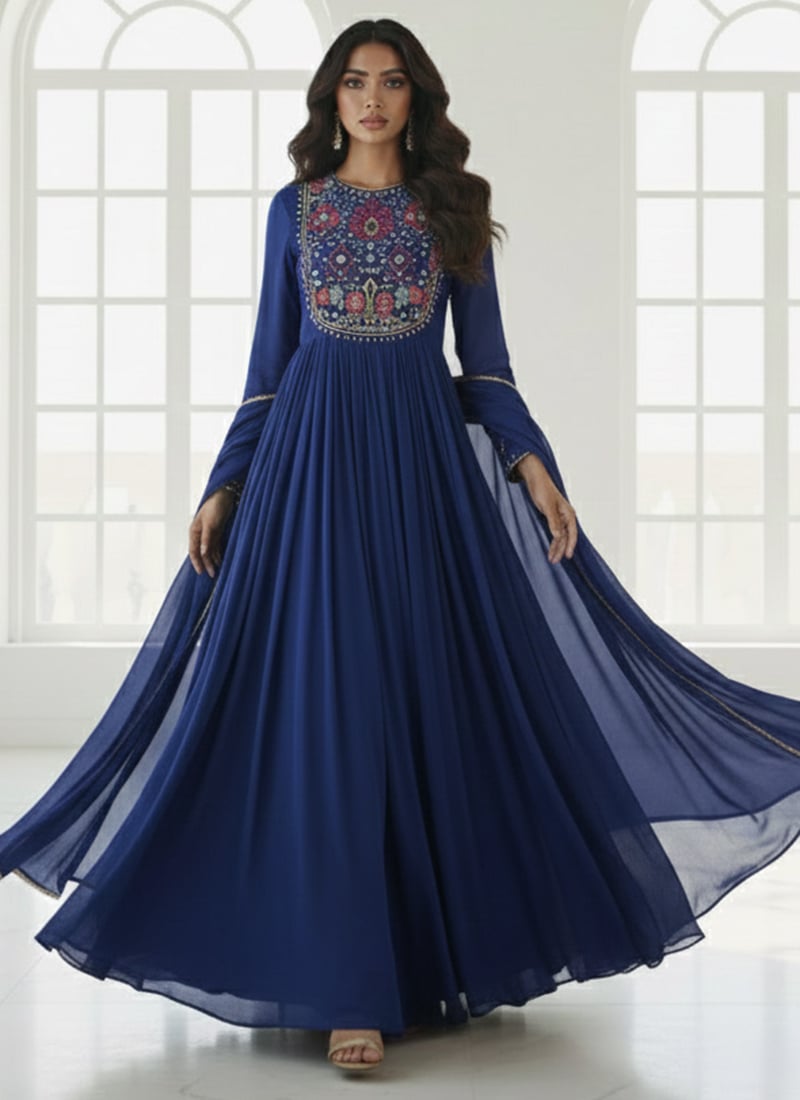 Navy Blue Faux Georgette Zari Sequins Anarkali Suit Festive Wear