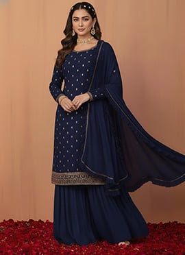 Navy Blue Faux Georgette Zari Sequins Sharara Suit