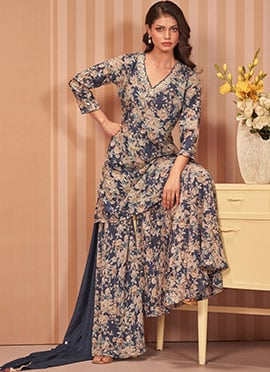 Navy Blue Floral Digital Print Zari Sequins Chinon Palazzo Suit