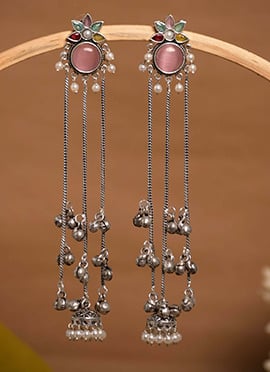 Navy Blue Floral Ghungroo Chain Dangler Earrings