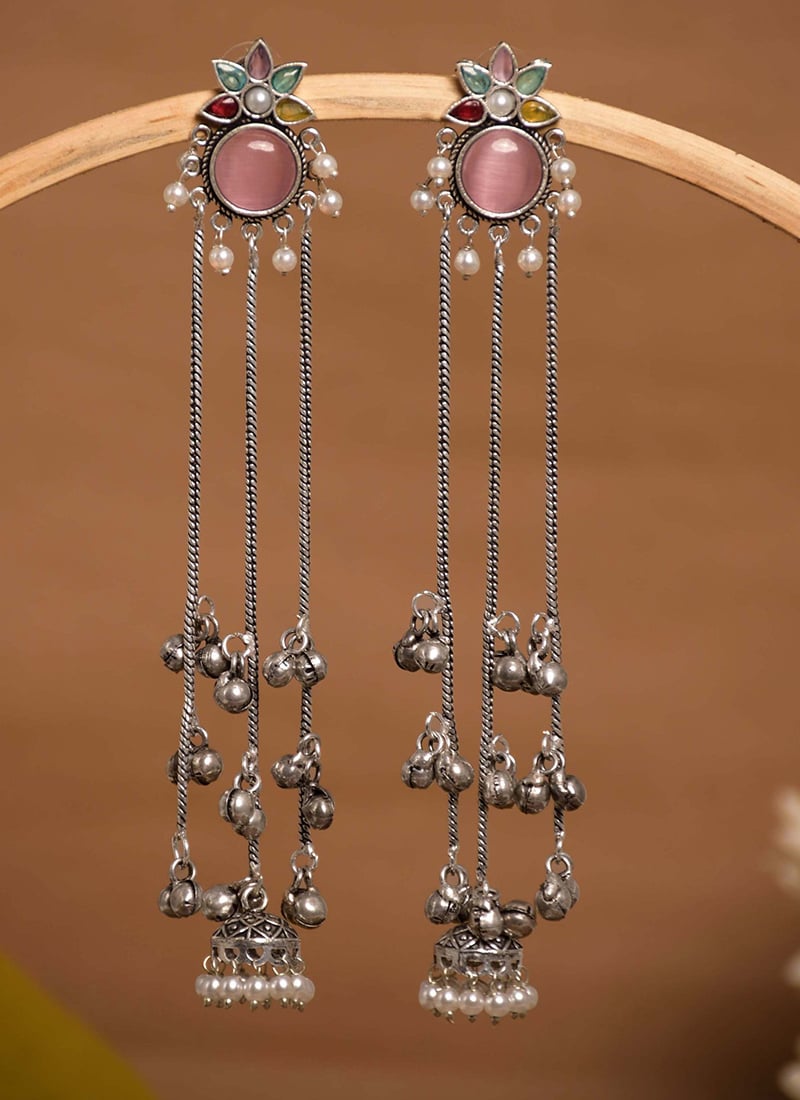 Navy Blue Floral Ghungroo Chain Dangler Earrings Festive Wear