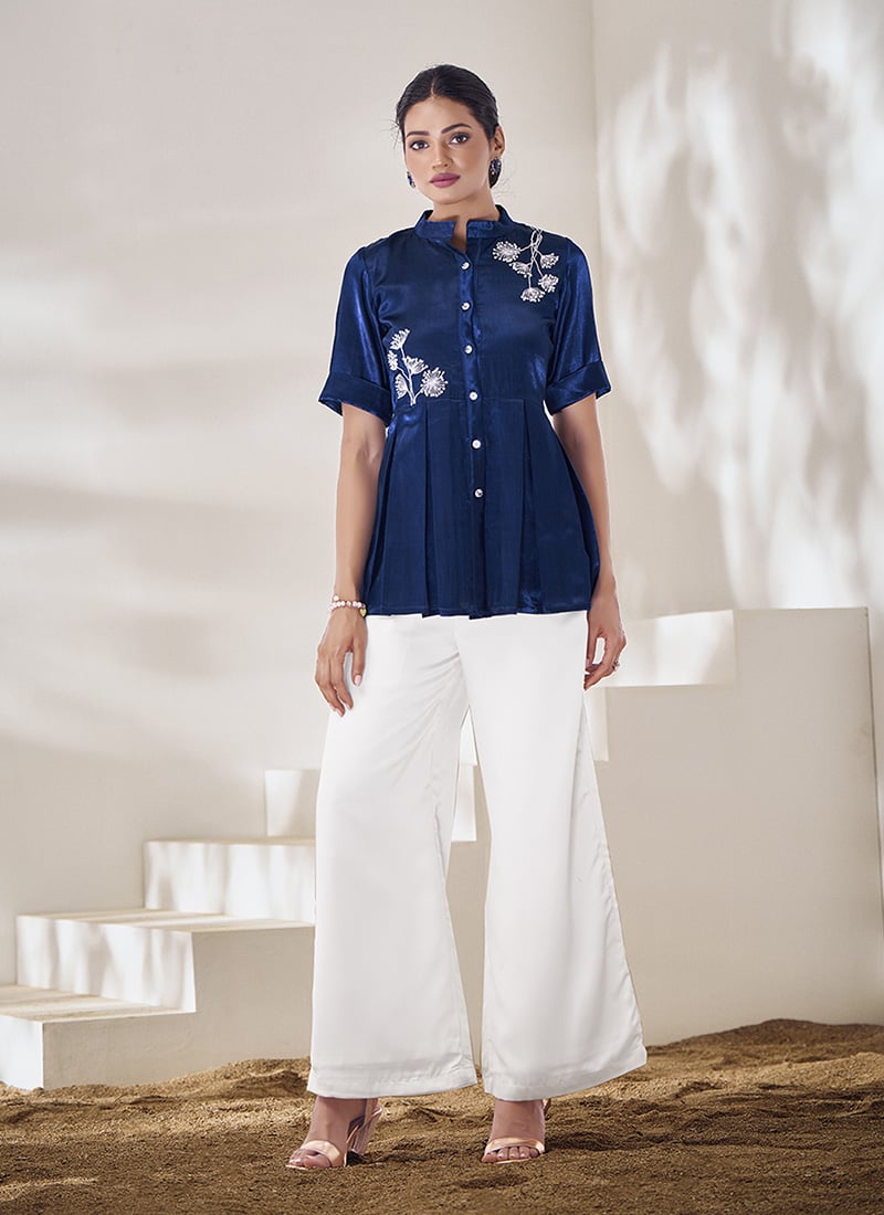 Navy Blue Gaji Silk Beads Work With Zari Sequins Indowestern Palazzo Set After Six Wear