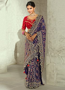 Navy Blue Georgette Bandhej Print Moti Cutdana Hand Embroidered Saree