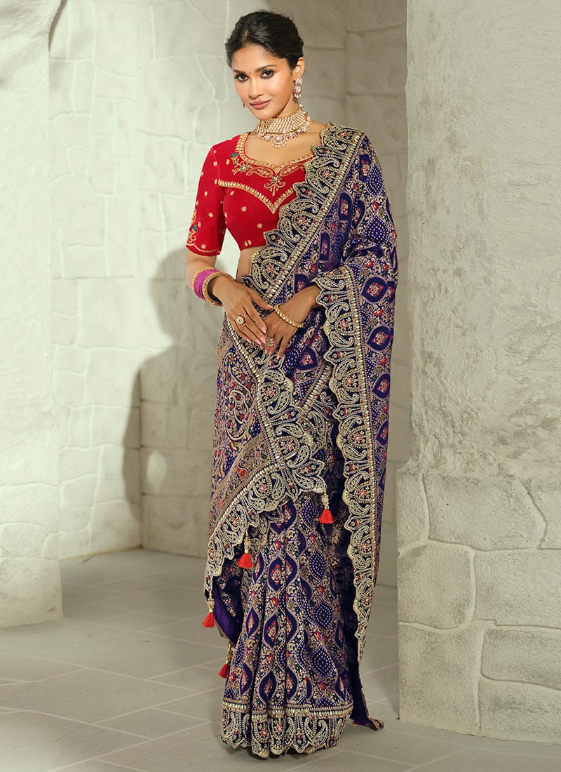 Navy Blue Georgette Bandhej Print Moti Cutdana Hand Embroidered Saree Festive Wear
