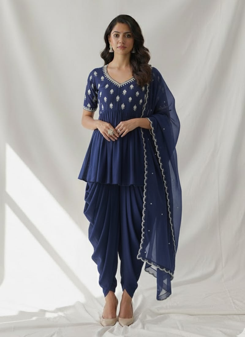 Navy Blue Georgette Beads And Sequins Dhoti Suit Festive Wear