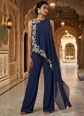 Navy Blue Georgette Beads Work Indowestern Palazzo Set