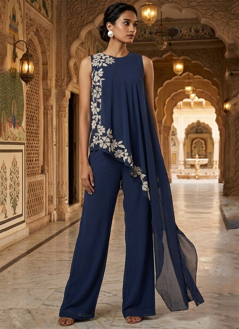 Navy Blue Georgette Beads Work Indowestern Palazzo Set After Six Wear