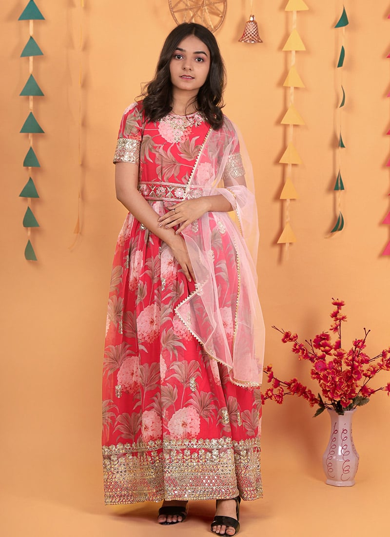Kids Girls Red Georgette Digital Print Embroidered Sequins Kids Girls Anarkali Suit Festive Wear