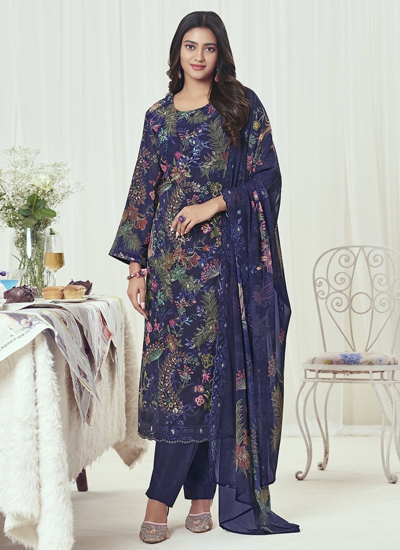 Navy Blue Georgette Digital Print Embroidered Sequins Straight Pant Suit After Six Wear