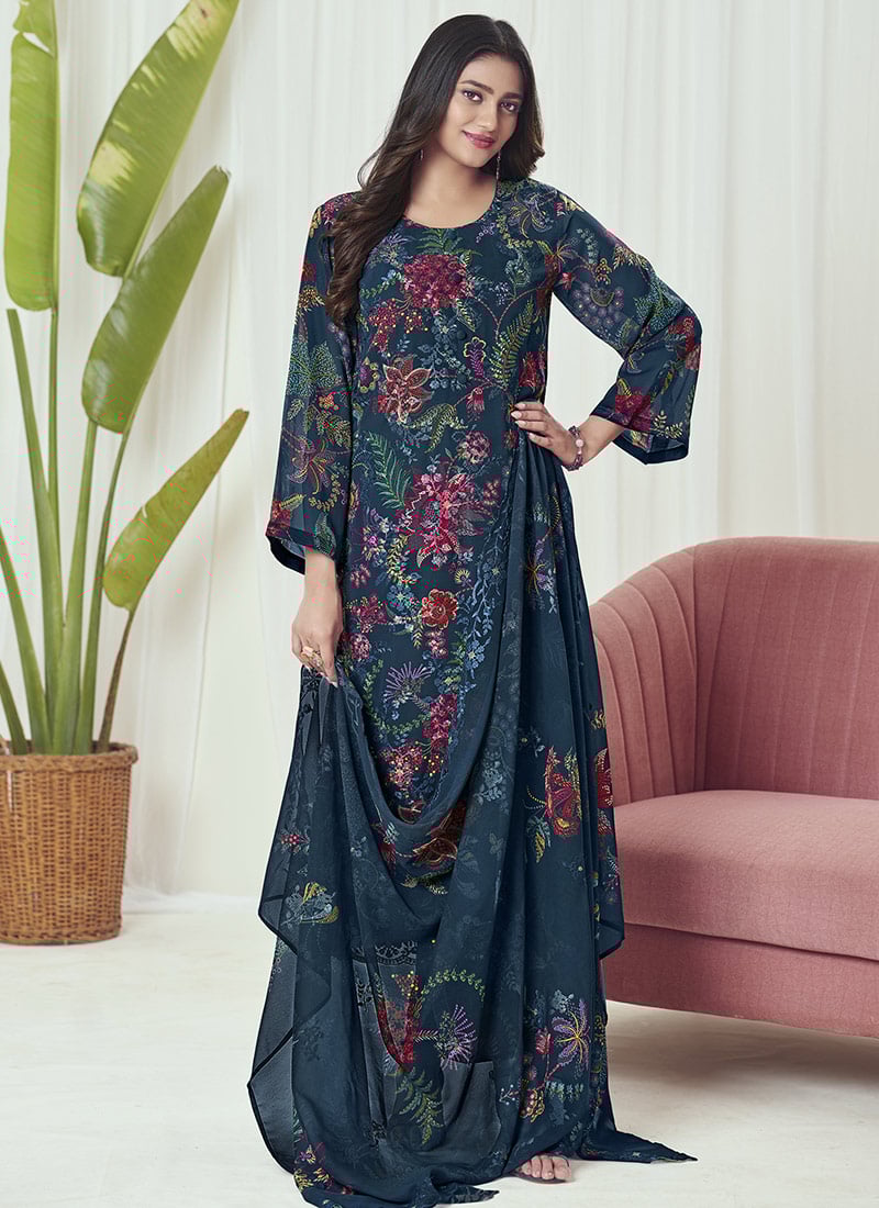Navy Blue Georgette Digital Print Embroidered Sequins Straight Pant Suit After Six Wear