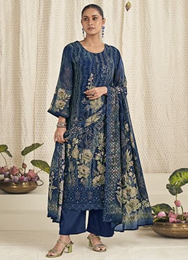 Navy Blue Georgette Digital Print Straight Pant Suit