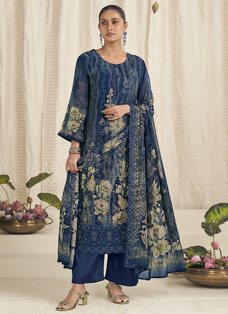 Navy Blue Georgette Digital Print Straight Pant Suit After Six Wear