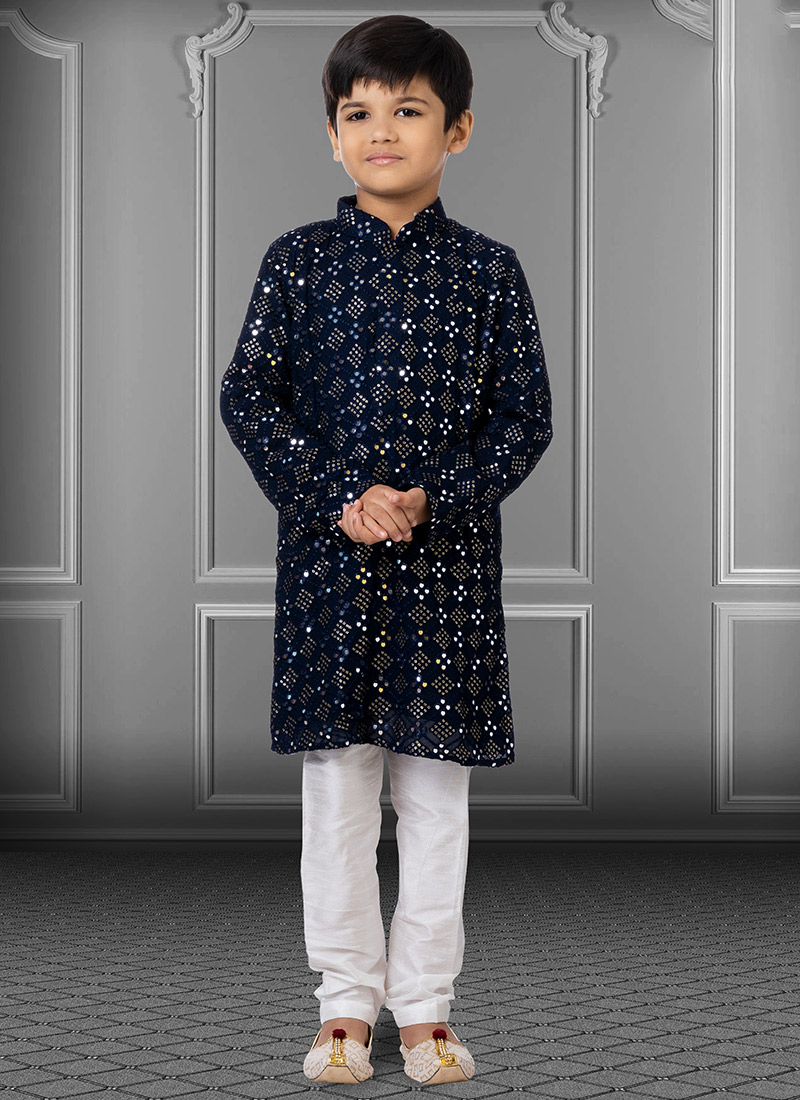 Navy Blue Georgette Embroidered Boys Kurta Pyjama  Party Wear