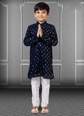 Navy Blue Georgette Embroidered Boys Kurta Pyjama