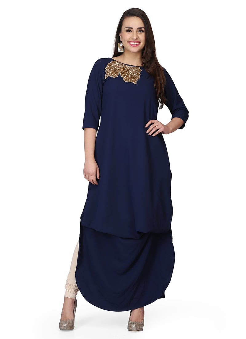 Navy Blue Georgette Embroidered N Stones Long Kurti